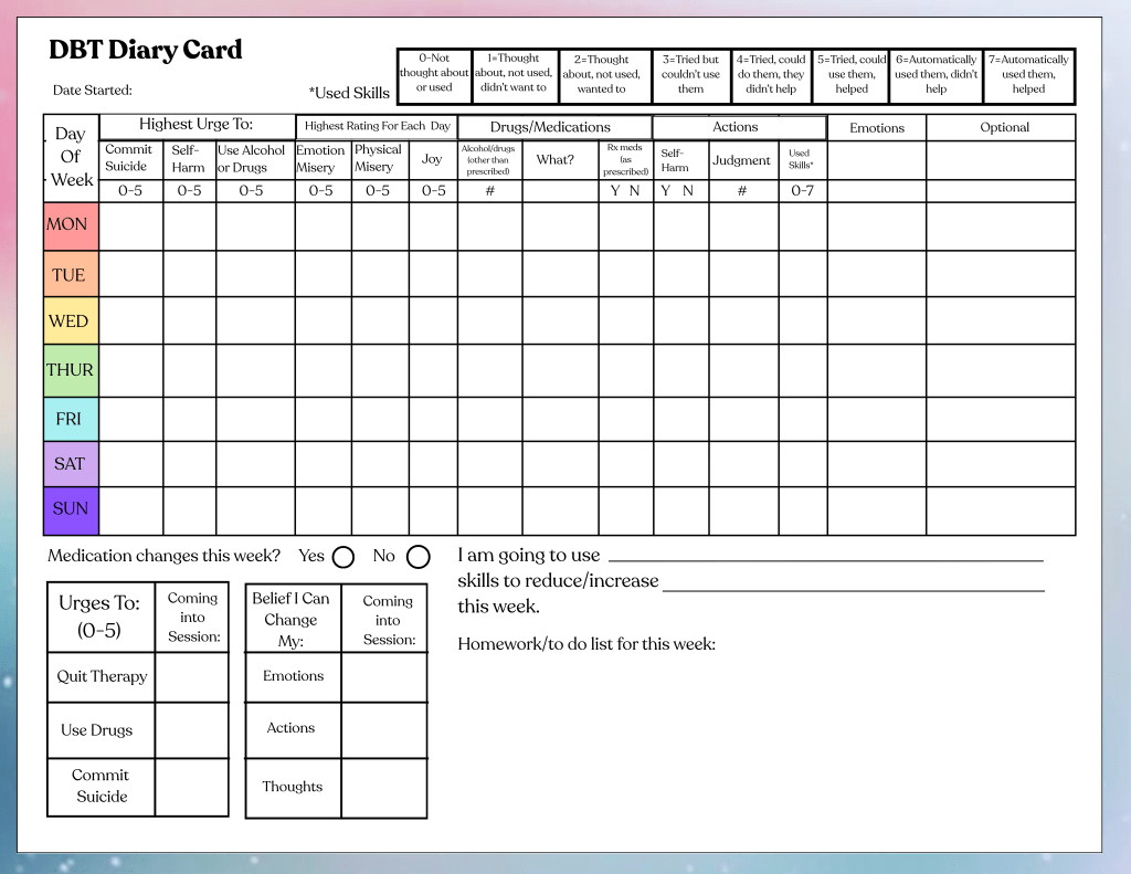 FREE DBT DIARY CARD & FREE DBT SKILLS WEEKLY&nbsp;CHECKLIST!
